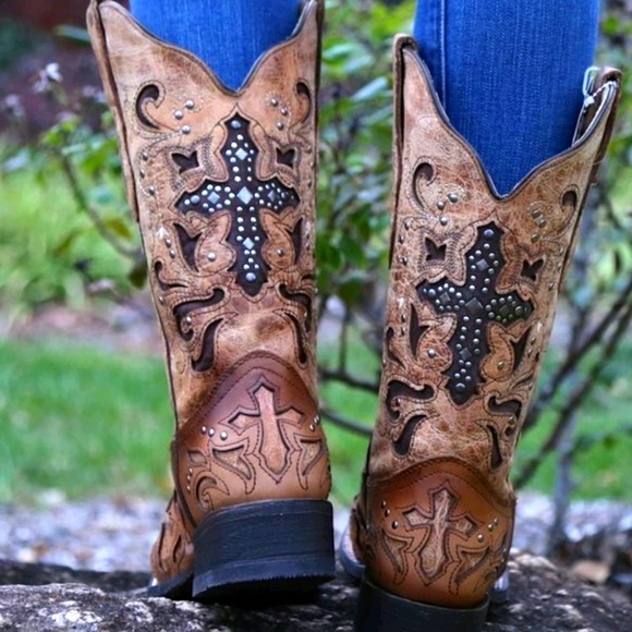 Corral Shoes - CORRAL C1167 antique tan distressed leather cowgirl western boots square toe sz8